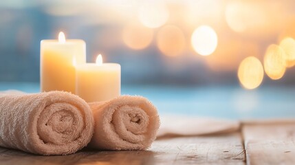Aufkleber - Serene spa scene with lit candles and soft towels creating a calming atmosphere : Generative AI