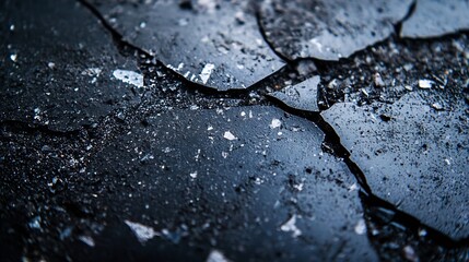 Fototapete - Detailed close-up of shattered glass pieces laying on a dark surface with sharp edges and fine textures : Generative AI