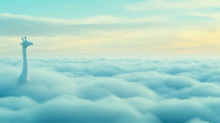 Wall Mural - surreal giraffe in the clouds: a majestic giraffe emerges from a sea of fluffy clouds, bathed in the