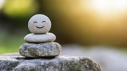 Fototapete - Cute Happy Stone Stack with Smiling Face in Nature on a Sunny Day : Generative AI