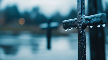 Aufkleber - Close Up of Water Droplets on Cross in a Serene Outdoor Setting : Generative AI