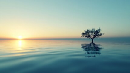 Aufkleber - Serene sunset over calm water with solitary tree creating a tranquil nature landscape : Generative AI