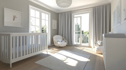 Poster - Chic and minimalist nursery room design featuring bright ambiance and stylish furnishings : Generative AI