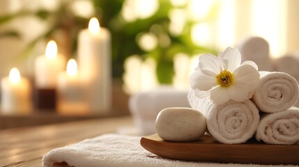 Poster - Relaxing Spa Setting with Soft Towels and Elegant Flowers Under Natural Light : Generative AI