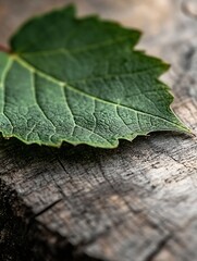 Poster - Close Up of Green Leaf on Wooden Surface Captured in Natural Light for Eco Friendly Theme : Generative AI