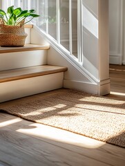 Poster - Natural Light Streaming on Wooden Stairs with Cozy Basket and Jute Mat : Generative AI