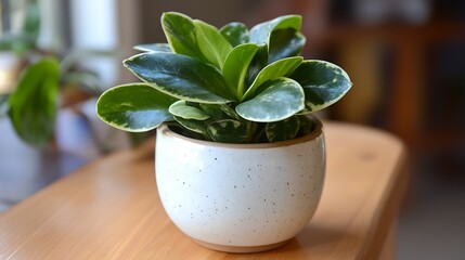 Aufkleber - Vibrant Green Houseplant in a Light Decorative Pot on a Wooden Surface : Generative AI