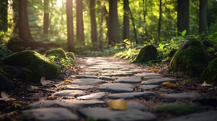 Aufkleber - Serene Pathway Through Lush Green Forest with Sunlight Filtering Through Trees : Generative AI