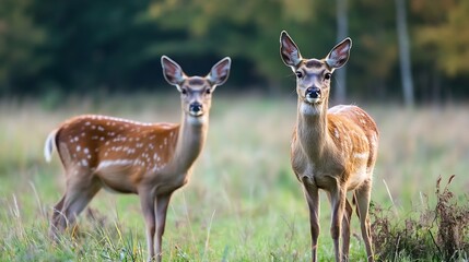 Wall Mural - Two Spotted Deer Grazing in a Lush Meadow Under Natural Outdoor Light : Generative AI