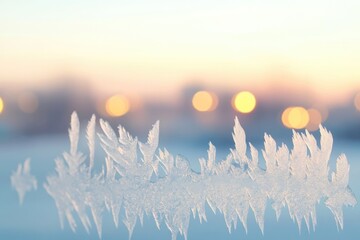 Canvas Print - frosty patterns on car window glowing in soft morning sun with blurred city lights in background