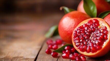 Poster - Fresh Pomegranate and Halved Fruit on Wooden Table with Leaves : Generative AI