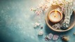© Павел Герговский - spirituality / mindfulness themed banner or header with white sage smudge stick, almond tree resin incense, healing crystal and candle, copyspace,