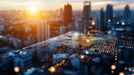 Poster - Stunning Cityscape with a Digital Network Overlay at Sunset for Technology Enthusiasts : Generative AI