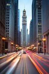 Poster - Vibrant Night Scene of Urban Life with Long Exposure Light Trails on a Busy Street : Generative AI