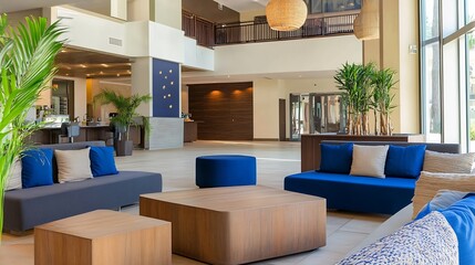Leinwandbilder - Modern hotel lobby interior design with blue and beige seating and tropical plants in bright natural light : Generative AI