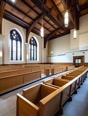 Aufkleber - Stylish Wooden Church Interior with High Ceilings and Cozy Atmosphere : Generative AI