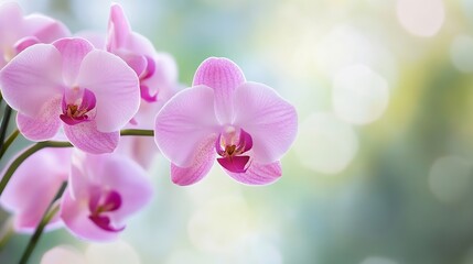Poster - Beautiful Pink Orchid Flowers with Soft Green Background in Natural Light : Generative AI