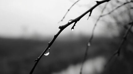 Aufkleber - Close-up of water droplets hanging from a branch against a blurred background in monochrome : Generative AI
