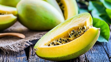 Poster - Fresh and Juicy Green Melon Halves on Rustic Wooden Table Ready for Delicious Treats : Generative AI