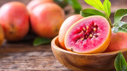 Poster - Freshly sliced and whole guavas on wooden table with green leaves for healthy eating : Generative AI