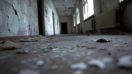 Aufkleber - Abandoned Hallway With Crumbling Walls And Debris Creating Eerie Atmosphere : Generative AI