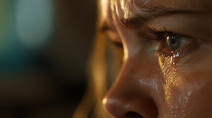 Aufkleber - Close Up of Emotional Woman with Tear Expressing Sadness and Vulnerability : Generative AI