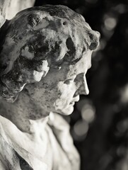 Poster - Detail of an Ancient Stone Statue with Weathered Features and Soft Light : Generative AI
