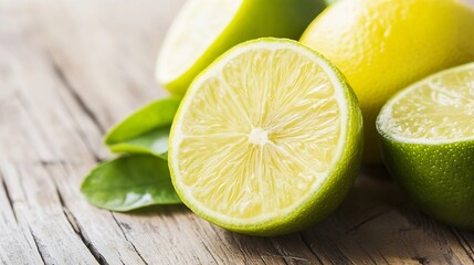 Poster - Freshly Cut Lemons and Limes on Rustic Wooden Surface Evoking Vibrant Citrus Aroma : Generative AI