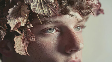 Influencer. Close-up of a man wearing a headdress made of leaves. Portrait of a young handsome guy with green eyes. Sadness, glamour and sensuality