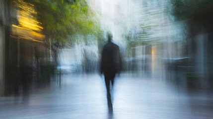 Aufkleber - Blurred Image of a Solitary Figure Walking Through an Urban Street at Dusk : Generative AI