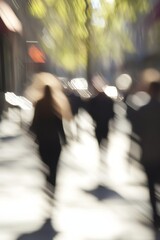 Fototapete - Blurred city street view with people walking under bright sunlight creating dynamic movement : Generative AI