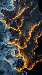 Wall Mural - an extraordinary view of shimmering rivers of light flowing along the shoreline. the contrast of wav