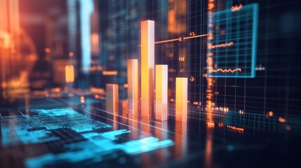 Leinwandbilder - A D bar chart with metallic, gradient bars rising from a financial graph, showing growth and progress, with a modern digital interface in the background