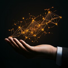 Poster - A businessman's hand holding a floating golden graph with financial data points