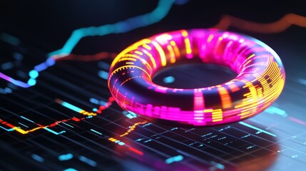 Poster - A close-up of a futuristic D donut chart with segmented, glowing parts, floating above a digital grid, representing complex financial data