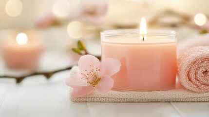 Poster - Beautifully Lit Pink Candle with Flower and Soft Towel Offering Relaxation and Calm Vibes : Generative AI