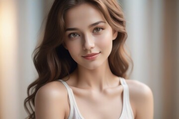 Wall Mural - A woman with long brown hair and a white tank top