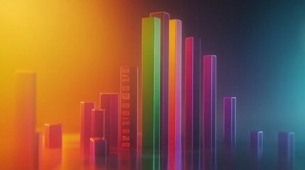 Fototapete - A colorful D bar chart with tall, gradient-colored bars rising from a digital financial dashboard, with numbers softly glowing in the background