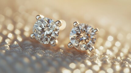 Leinwandbilder - A detailed macro view of a pair of classic diamond earrings resting on a textured surface, with soft shadows enhancing the depth and dimension