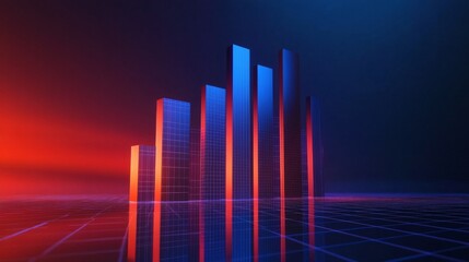 Aufkleber - A dynamic bar graph with tall, shiny bars in blue and orange, standing on a reflective grid, symbolizing financial success and economic performance