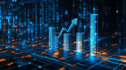 Poster - A futuristic D bar chart with tall, glowing columns and an upward trending arrow, hovering over a dark digital background filled with grid patterns