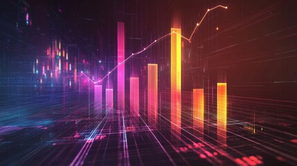 Poster - A futuristic D bar chart with tall, glowing columns and an upward trending arrow, hovering over a dark digital background filled with grid patterns