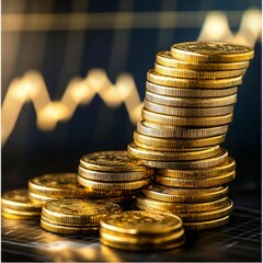 Poster - A gold coin stack with a growing bar chart in the background, symbolizing wealth accumulation