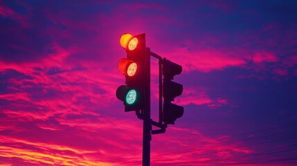 Aufkleber - A low-angle shot of a traffic light against a vibrant sunset sky, with the light casting long shadows on the ground, creating a dramatic and colorful scene