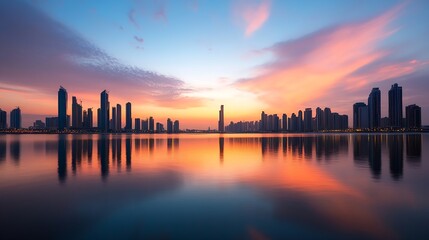 Fototapete - Stunning Sunset Reflection Over Modern City Skyline : Generative AI