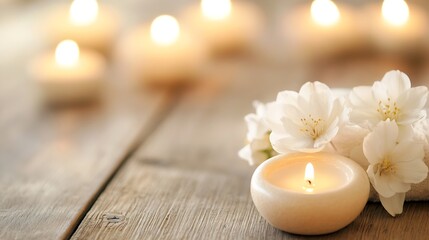 Aufkleber - Beautifully Lit Candles Surrounded by Fresh White Flowers on Rustic Wood : Generative AI