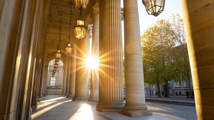 Poster - Golden Light Through Classical Architecture with Pillars and Trees in Autumn : Generative AI