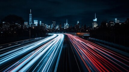 Fototapete - A scenic view of a bustling highway at night, with streams of car lights creating vibrant trails against the dark backdrop of a city skyline, showcasing urban transportation