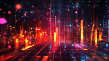 Aufkleber - A set of metallic D bars in a financial chart rising steadily in height, with a dark, futuristic background and glowing digital data points floating around