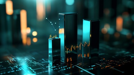 Poster - A set of metallic D bars in a financial chart rising steadily in height, with a dark, futuristic background and glowing digital data points floating around